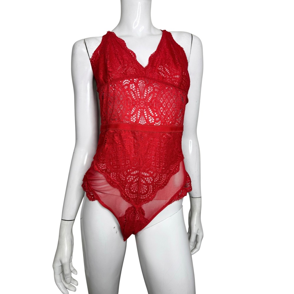 Avidlove Red Floral Lace Sheer Mesh V-Neck Bodysuit Lingerie XL